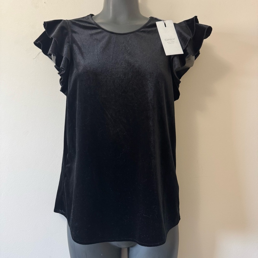 Only Black Velvet Ruffle Sleeve Blouse